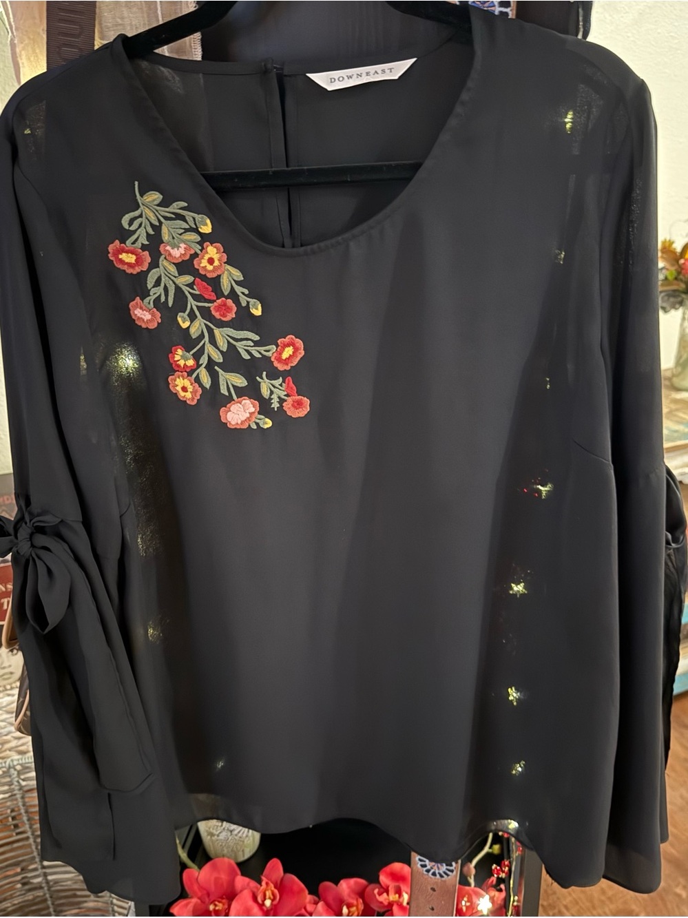 DownEast Black Blouse with Red and Pink Floral Embroidery